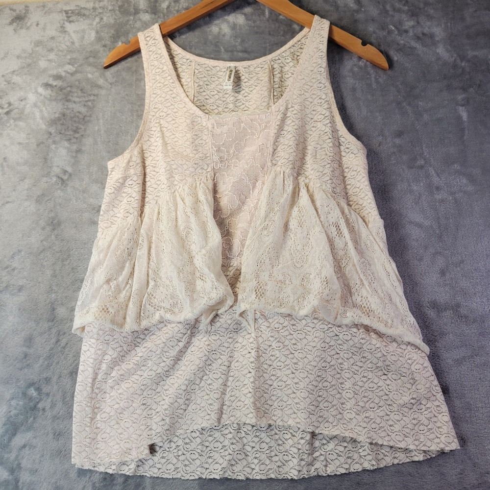 Free People Lace Ruffle Tank Top Ivory XS‎ Sleeveless Boho Floral Layered Summer